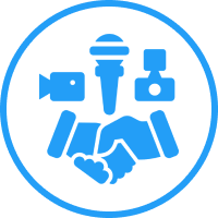 Handshake, microphone, camera, and video icons.