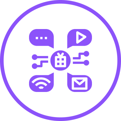 Purple multimedia icons in a circular arrangement.