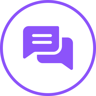 Purple chat icon on a grey circle.
