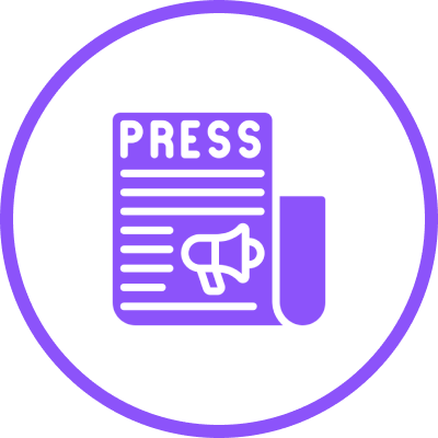 Press icon with megaphone, purple design.