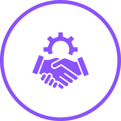 Handshake icon with gear, purple border.